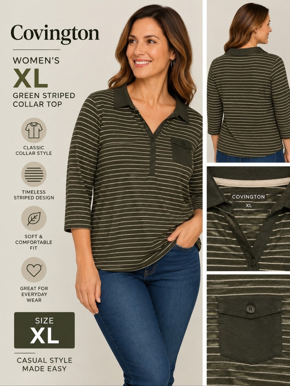 Covington Women's XL Green striped collar top #21